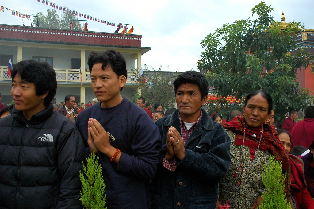 Conclusion of Sakya Lamdre, Tibetan Buddhists worshiping, people of Nepal, Tibet, Manang, Tharlam Gompa (Monastery) of Tibetan Buddhism, Boudha, Kathmandu, Nepal