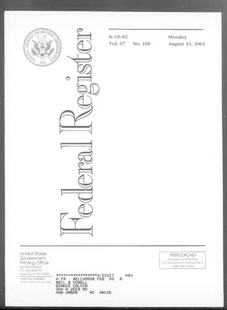 Federal Register 2002-08-19- Vol 67 Iss 160 (IA sim federal-register-find 2002-08-19 67 160).pdf